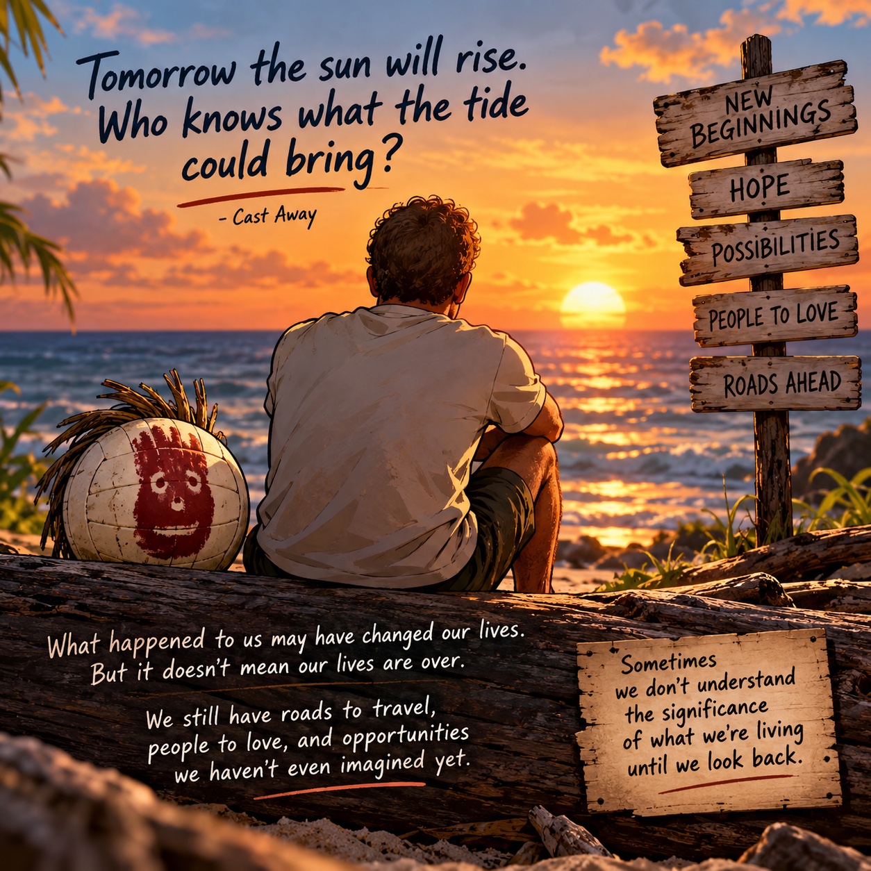A man and a volleyball sit beside the ocean at sunrise, looking toward a future filled with hope and new beginnings